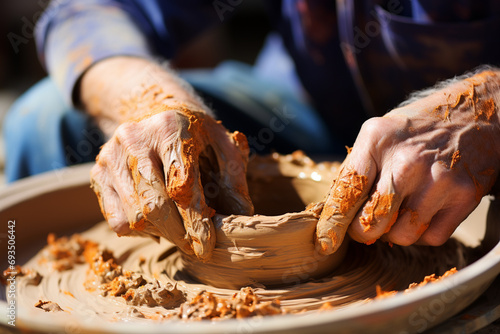 A close-up of a potterвs hands as they open a ball of clay on the wheel.