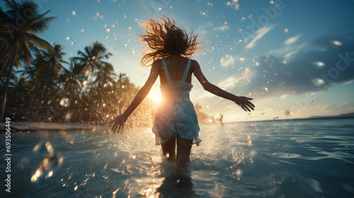 Ragazza corre felice nell'acqua di un mare di un isola tropicale al tramonto photo