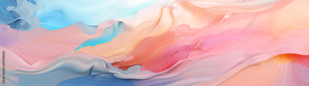 An abstract painting rendered in baby pink, orange, beige, and sky blue hues using oil paints for wallpaper, 32:9 ratio - obrazy, fototapety, plakaty 