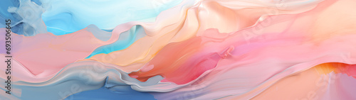An abstract painting rendered in baby pink, orange, beige, and sky blue hues using oil paints for wallpaper, 32:9 ratio