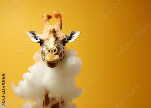 A giraffe cloud with its long neck stretching up on a soft yellow background. © Oleksandr