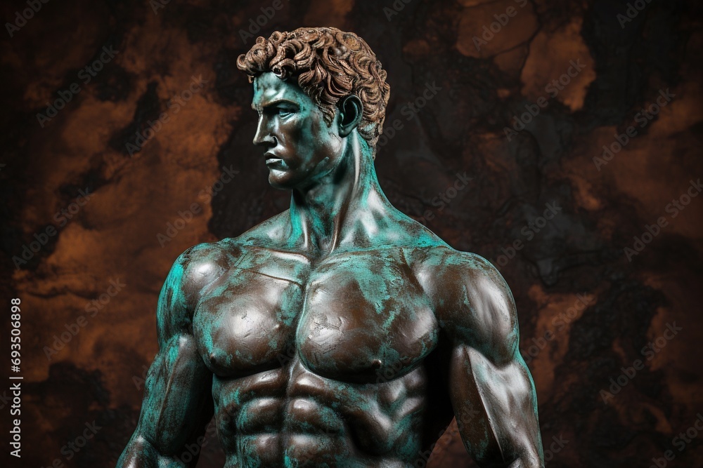 Fototapeta premium A beautiful ancient bronze greek, roman stoic male statue, sculpture on a copper backdrop. Great for philosophy quotes.