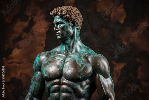 A beautiful ancient bronze greek, roman stoic male statue, sculpture on a copper backdrop. Great for philosophy quotes.