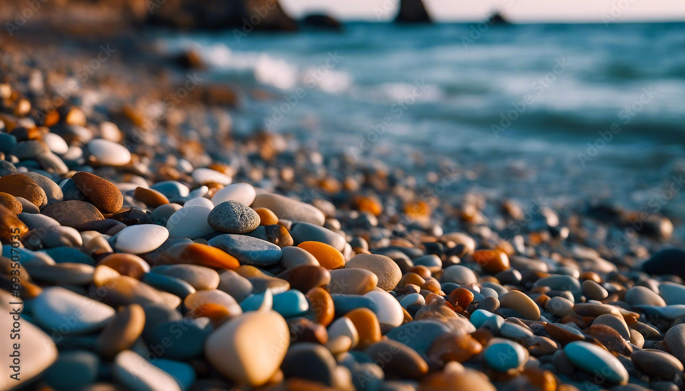 Obraz premium Multi-colored pebbles on the seashore. Smooth rocks at sunset Marine stones. AI generated