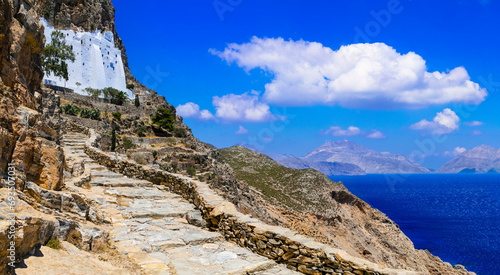 Amorgos island, Cyclades, Greece. Spectacular monastery on the rock Panagia Hozovitissa on the cliff.