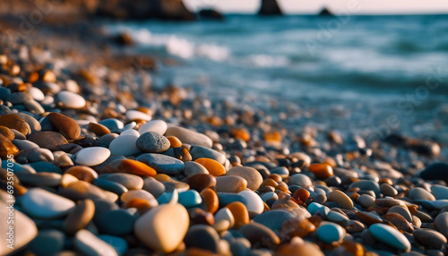 Multi-colored pebbles on the seashore. Smooth rocks at sunset Marine stones. AI generated photo