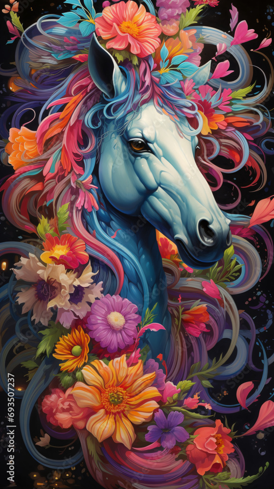 Art illustration of horse surrounded by flowers
Art illustration of horse surrounded by flowers