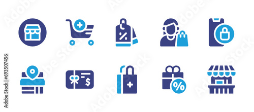Shopping icon set. Duotone color. Vector illustration. Containing shop, price tag, procurement, add to cart, gift card, female, kiosk, gift box, store.