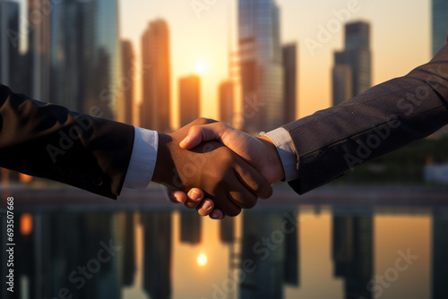 Simplistic, elegant representation of a handshake against a city backdrop.