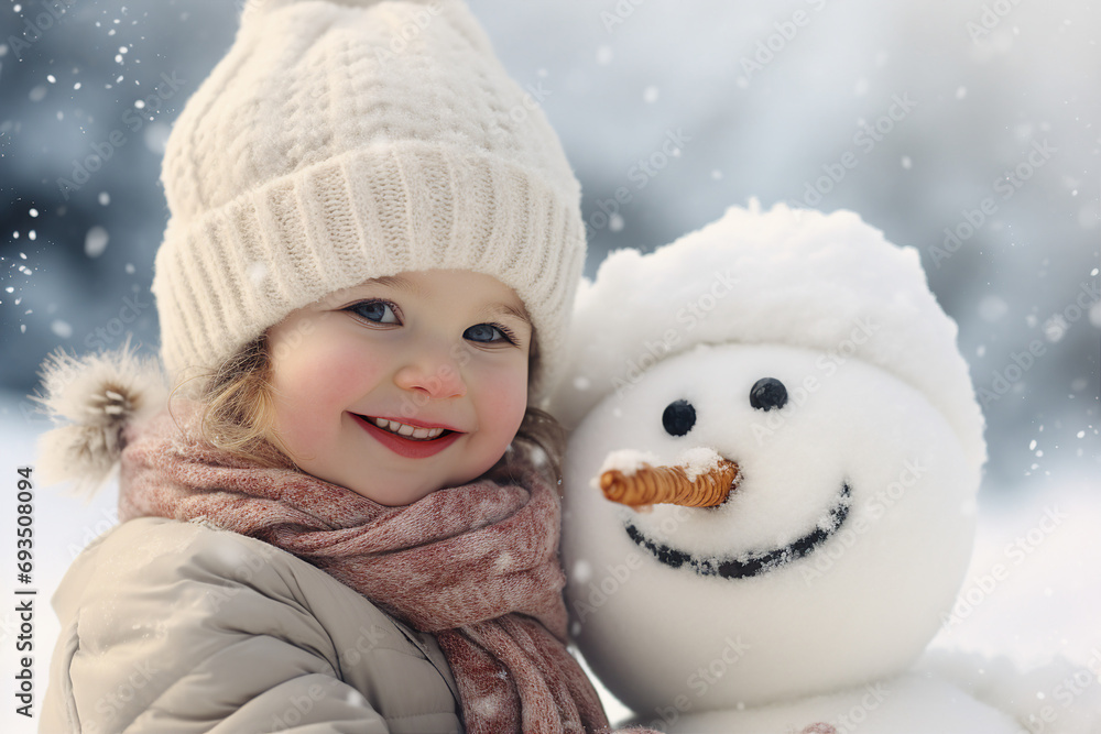 Portrait made with generative ai of cheerful cute child making snowman in park Portrait made with generative ai of cheerful cute child making snowman in park