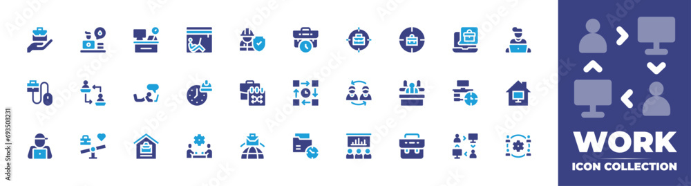 Work icon collection. Duotone color. Vector and transparent illustration. Containing worker, working, work, timeline, international, work time, work space, online work, working at home, working hours.
