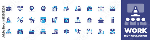 Work icon collection. Duotone color. Vector and transparent illustration. Containing suitcase, challenge, balance, work from home, working at home, work, house, goal, busy, work table, working.