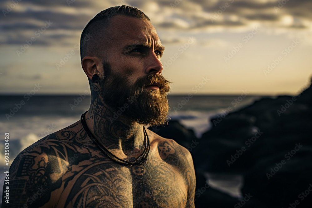 AI generated image of happy attractive tattooed man on summer sea resort AI generated image of happy attractive tattooed man on summer sea resort