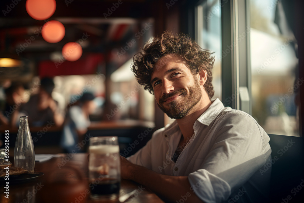 Generative AI portrait of young person sitting dreamy in aroma cafeteria enjoying morning coffee