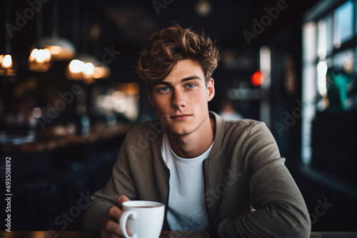 Generative AI portrait of young person sitting dreamy in aroma cafeteria enjoying morning coffee