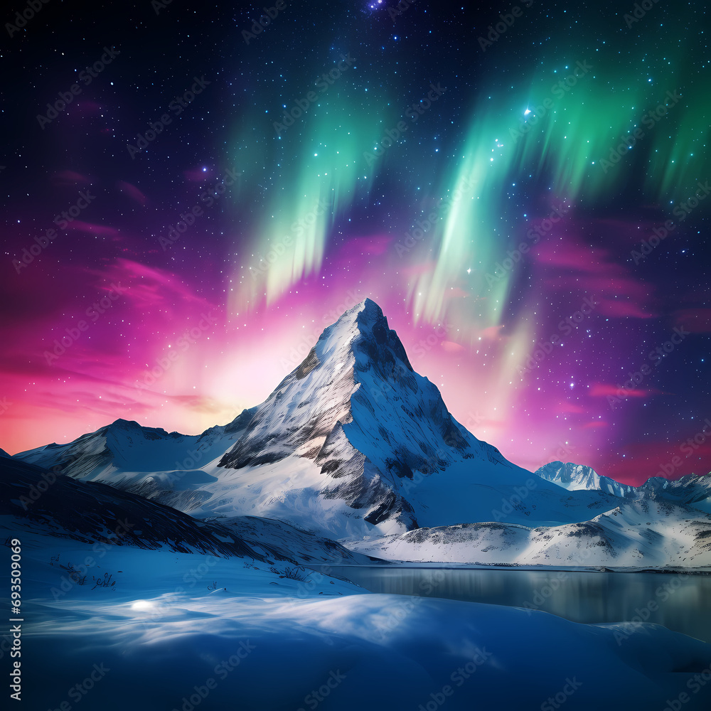 Snow-covered mountain peak under the vivid display of the aurora borealis