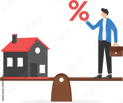 House and percentage on scales. Seesaw and balance Modern vector illustration in flat style

