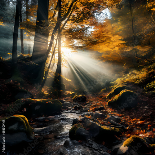 Sunlight filtering through autumn leaves in a dense forest