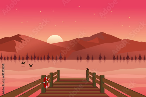 Seashore wooden pier with lake and mountains at sunset. Vector illustration.