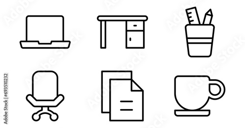 Office Icons.  Vector Graphics Featuring Designs of laptop, desk, files, coffee mug, chair, pen holder. Icon Set in outline Style