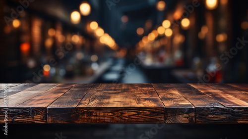 An empty wooden table top with a blurred background photo