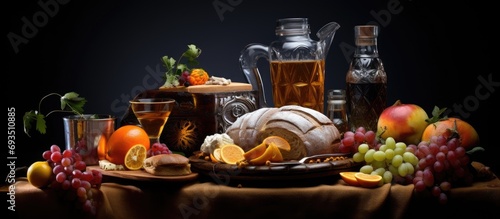 Food and drinks arranged in a traditional still life.