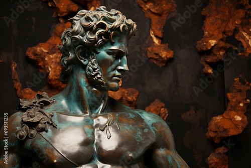 A beautiful ancient bronze greek, roman stoic male statue, sculpture on a copper backdrop. Great for philosophy quotes. © MiniMaxi