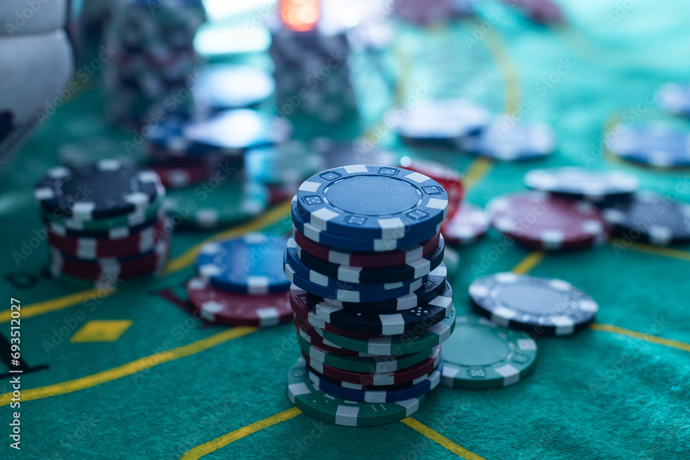 close view on chips piles, casino gambling concept close view on chips piles, casino gambling concept