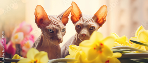 Dois gatos Sphynx  e flores amarelas com luz amarela no fundo - Papel de parede
