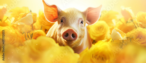 Porco e flores amarelas com luz amarela no fundo - Papel de parede photo