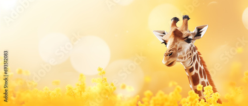 Girafa e flores amarelas com luz amarela no fundo - Papel de parede photo