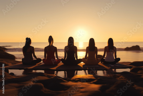A group of people practicing yoga on a serene beach, capturing the holistic approach to health and well-being through mindfulness. Generative Ai.