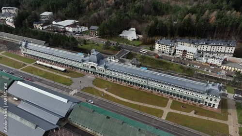 International Tran Station in Pyrenees. Canfranc Estación, Spain. Aerial drone footage of railway located on the French border. Royal Hideaway Hotel photo