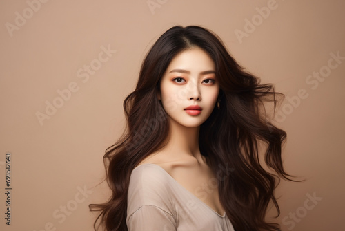 beauty woman young asian portrait, curly long dark well-groomed hair, makeup, beige background