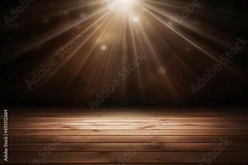 rays of light and bright spot in center empty dark wooden floor, empty space for your products, background, highlights.