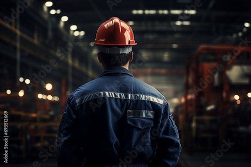 Picture of a professional factory worker wearing hard hat and work clothes generative ai © Tetiana