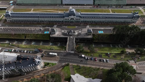 International Tran Station in Pyrenees. Canfranc Estación, Spain. Aerial drone footage of railway located on the French border. Royal Hideaway Hotel photo