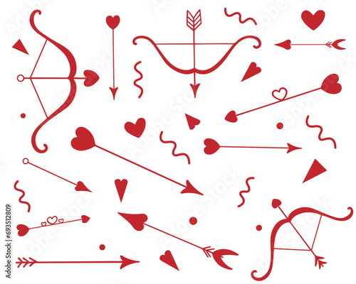 Cupid's red arrows. Set of Cupid's love arrows. Bow and arrow for Valentine's Day and St. Patrick's Day.
