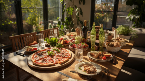 A delicious and tasty Italian pizza with tomatoes and mozzarella on a beautifully served table.