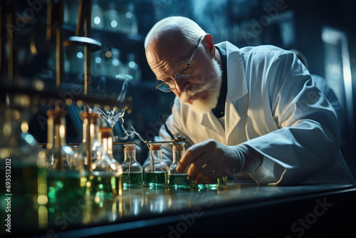 A scientist carefully pouring one chemical into another, showcasing the precise and controlled nature of catalytic reactions in a laboratory setting. Generative Ai.