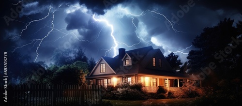 Intense lightning storm above house in the suburbs. photo