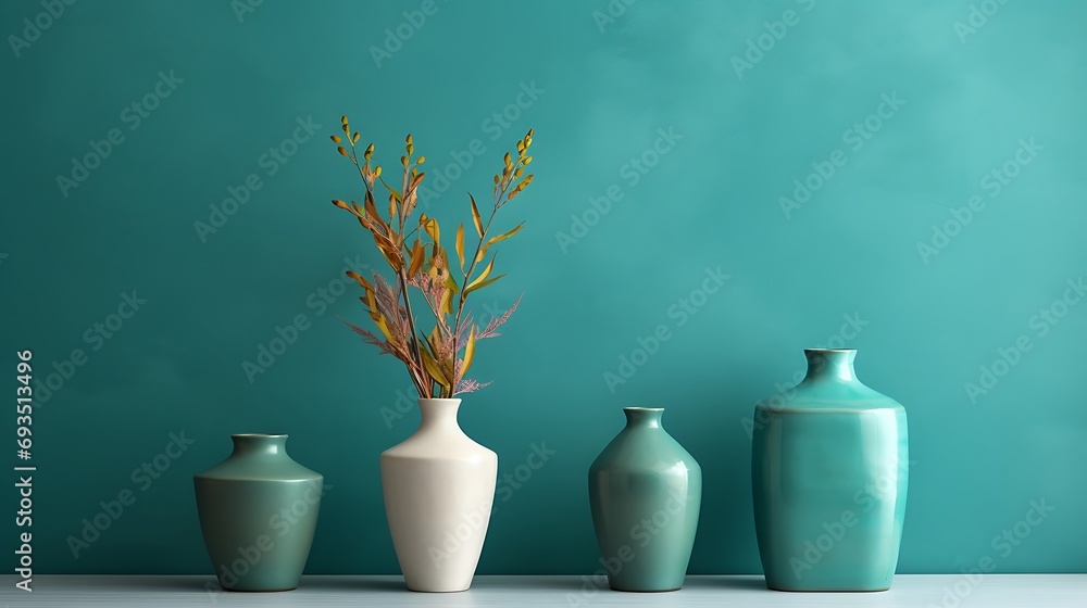 Vase with dried flowers on white table against turquoise wall