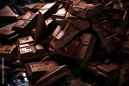 chocolate broken dark, many of pieces, in bulk, close-up photo