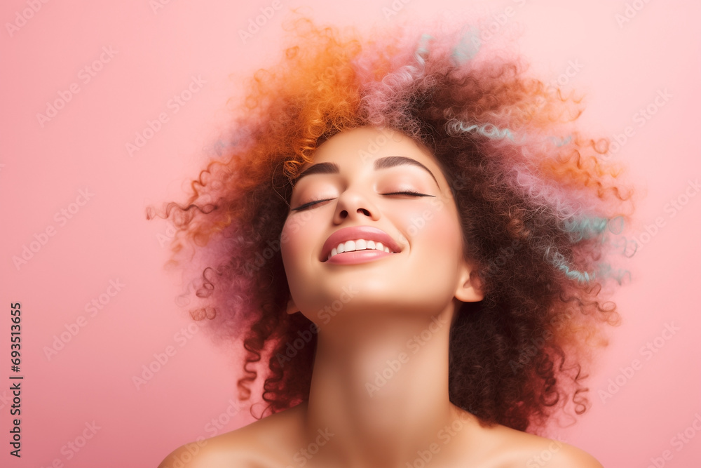 portrait happy closed eyes girl, smiling dreamy woman, multicolored curly hair in afro-style, pastel background