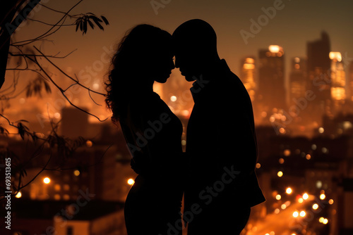 silhouettes of a couple in love against the backdrop of the city and the night sky generative ai