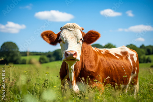 cow resting on the green meadow on the grass generative ai