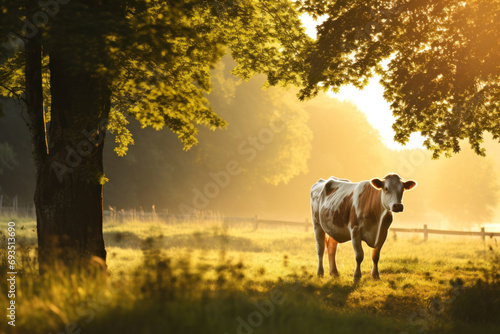 cow on a green summer meadow at morning dawn. generative ai © Fukume