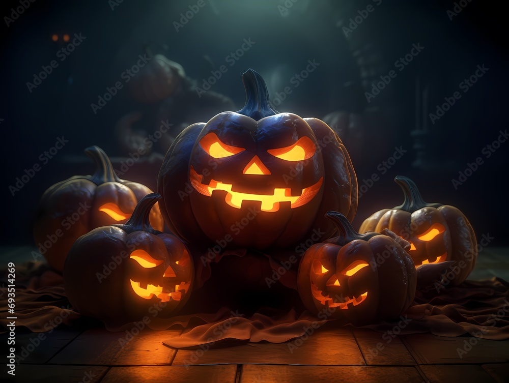 Naklejka premium Realistic halloween pumpkins on the autumn forest while full moon. 3D rendering generated ai 