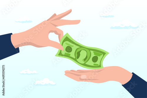 Businessman hand giving money banknote to friend's hand, borrow money from friend, debt and loan, incentive or bonus payment, credit or lending (Vector)