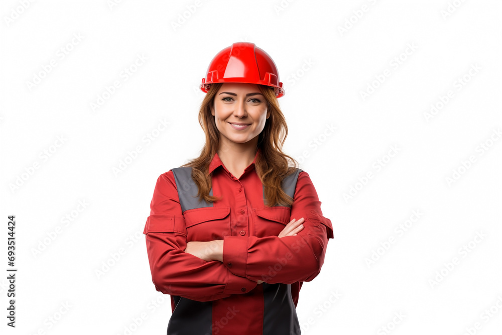 smiling female worker in red helmet, arms crossed on his chest, isolated on white background